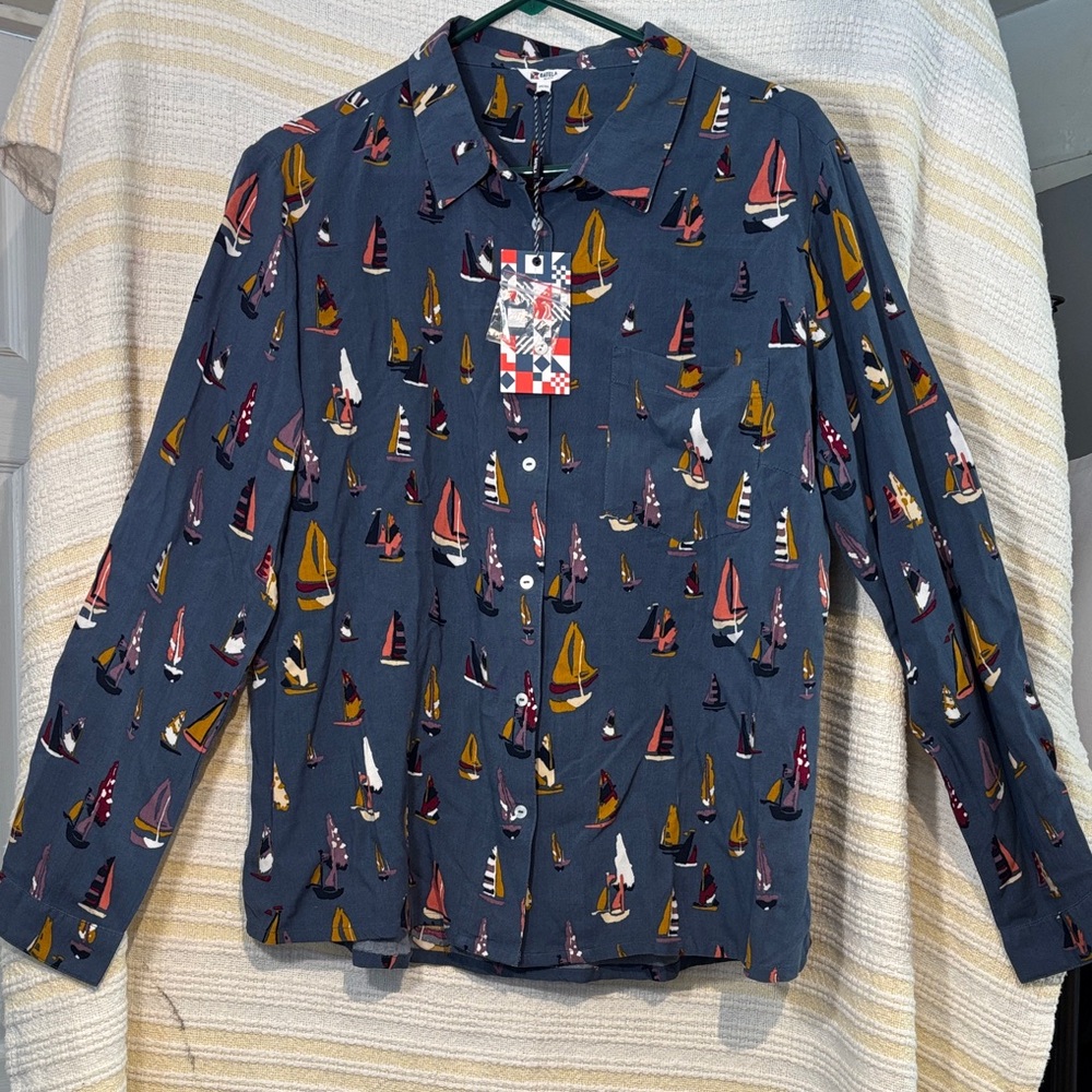 NWT Nautical Print Button Down Shirt - Dark Blue Women’s Large With Sailboats
